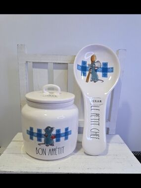 Rae Dunn White Ceramic Canister and Spoon Rest with Blue Accents